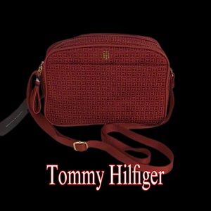 NWT‎ Tommy Hilfiger Crossbody, Double Zip, Logo Print, Dark Red
